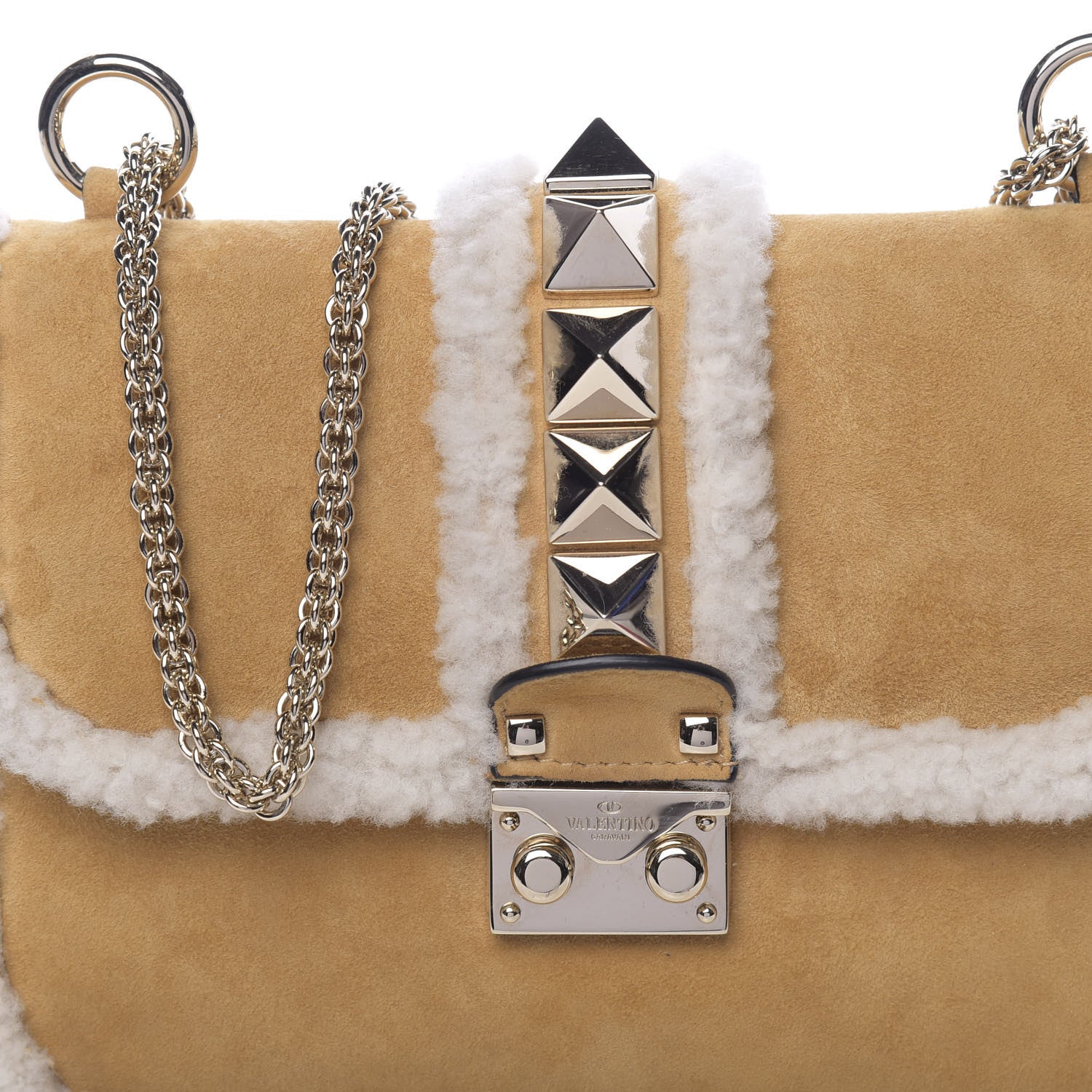 Valentino Garavani Shearling Small Glam Lock Rockstud Flap Tan 9 of 9