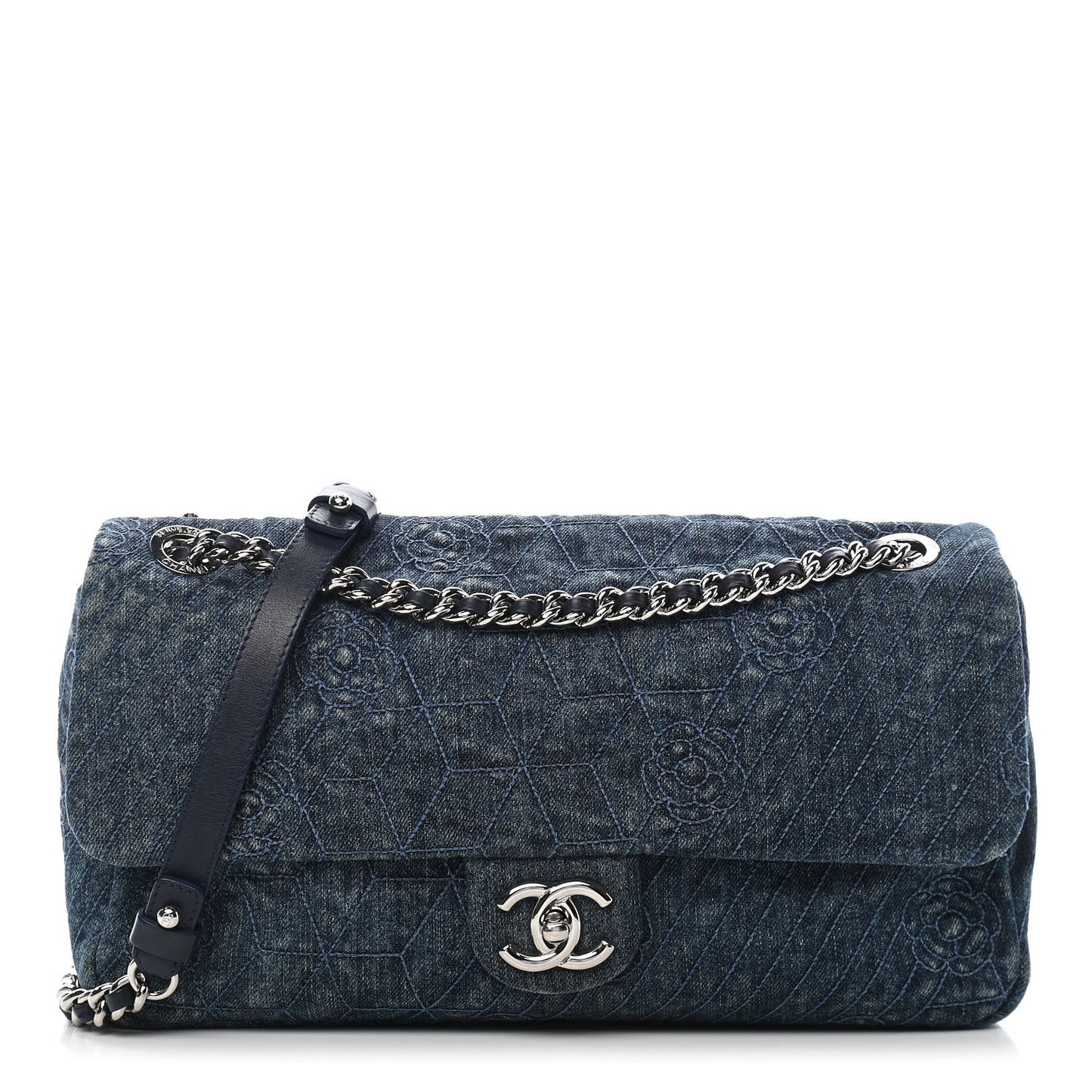 Denim Camellia Embroidered Flap Dark Blue