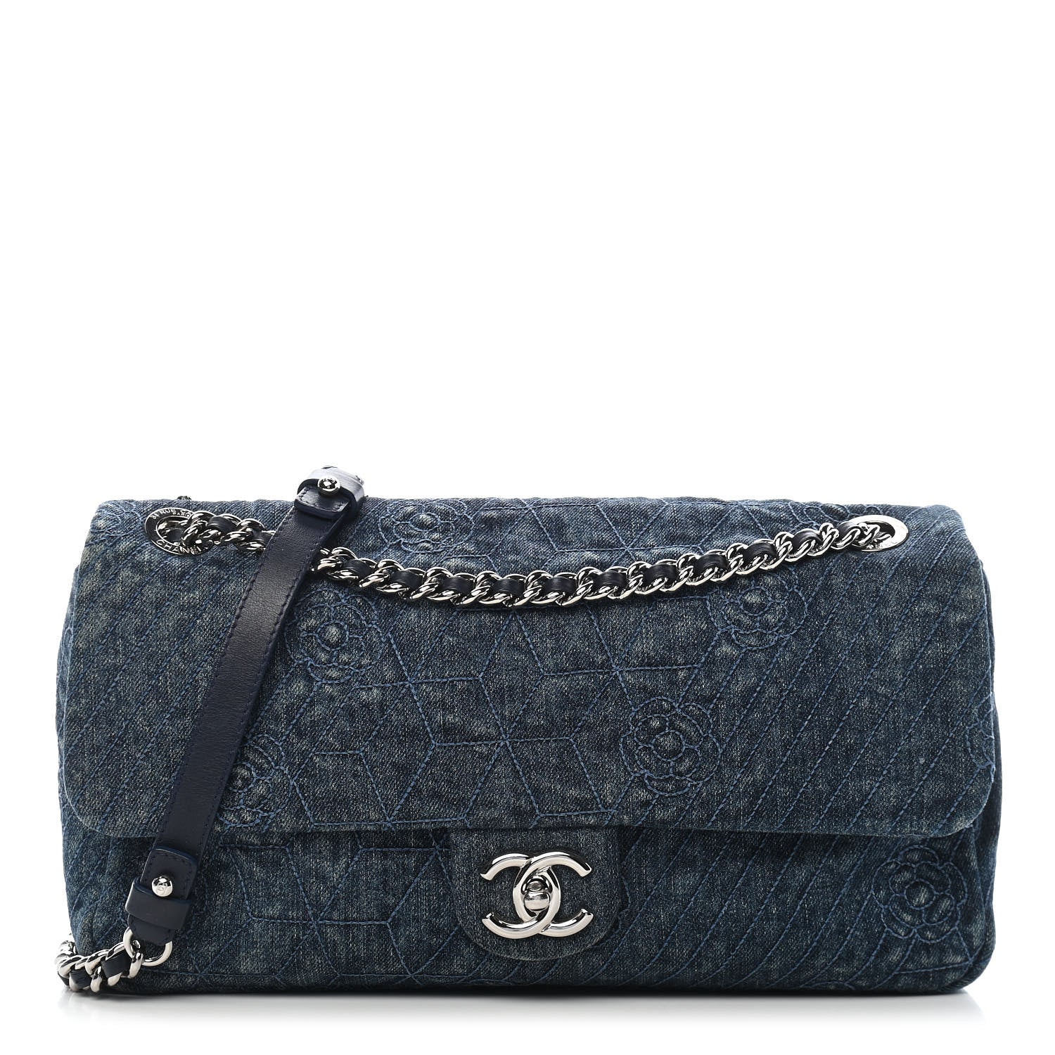 Chanel Denim Camellia Embroidered Flap Dark Blue 1 of 8