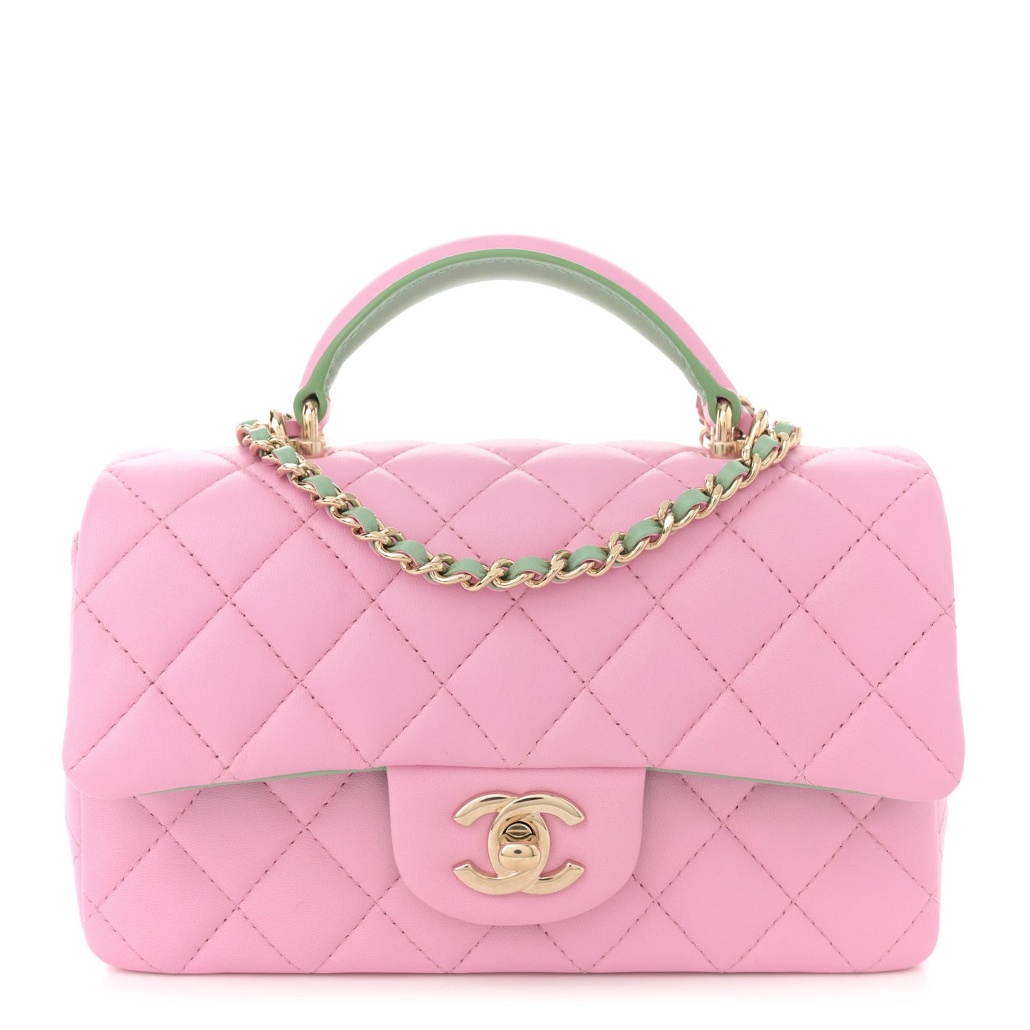 Lambskin Quilted Mini Top Handle Rectangular Flap Pink Green