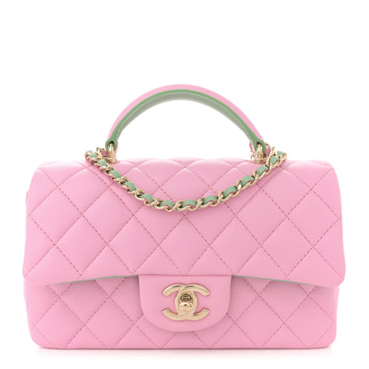 Chanel Lambskin Quilted Mini Top Handle Rectangular Flap Pink Green 1 of 10