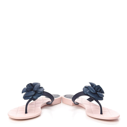 Chanel Jelly Camellia Thong Sandals 38 Navy Pink 6 of 10