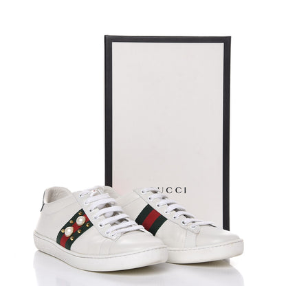 Gucci Calfskin Web Pearl Studded Ace Sneakers 37 White 11 of 11