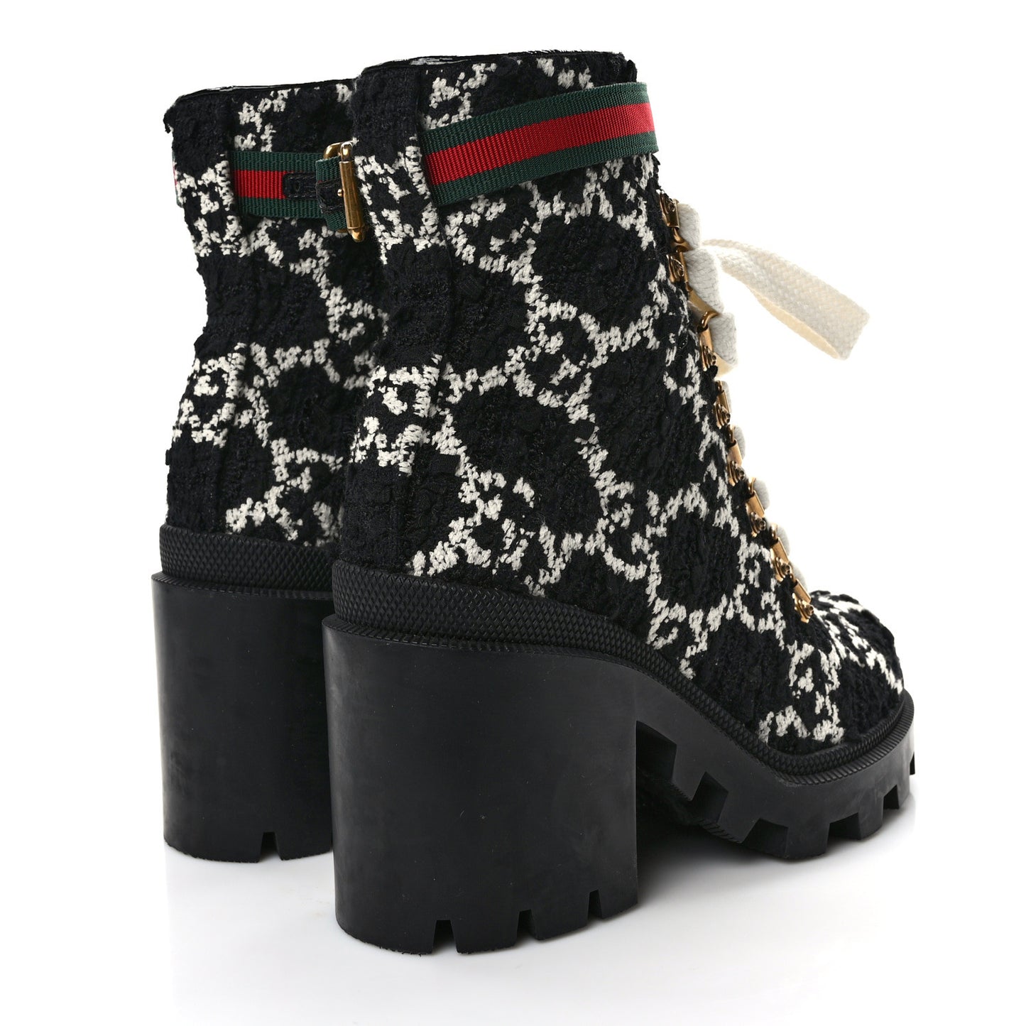 Tweed GG Monogram Lace Up Combat Ankle Boots 36.5 Black