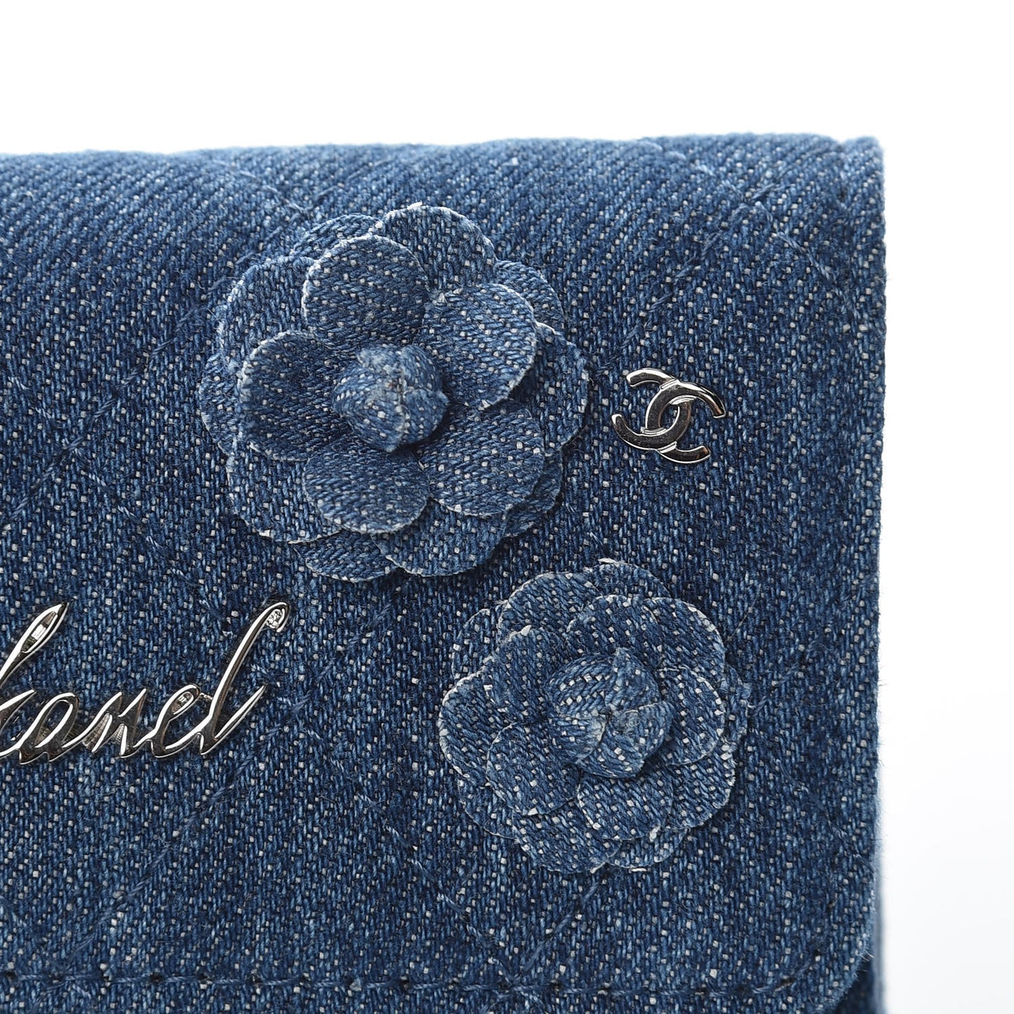 Denim Quilted Small Camellia Flap Wallet Blue