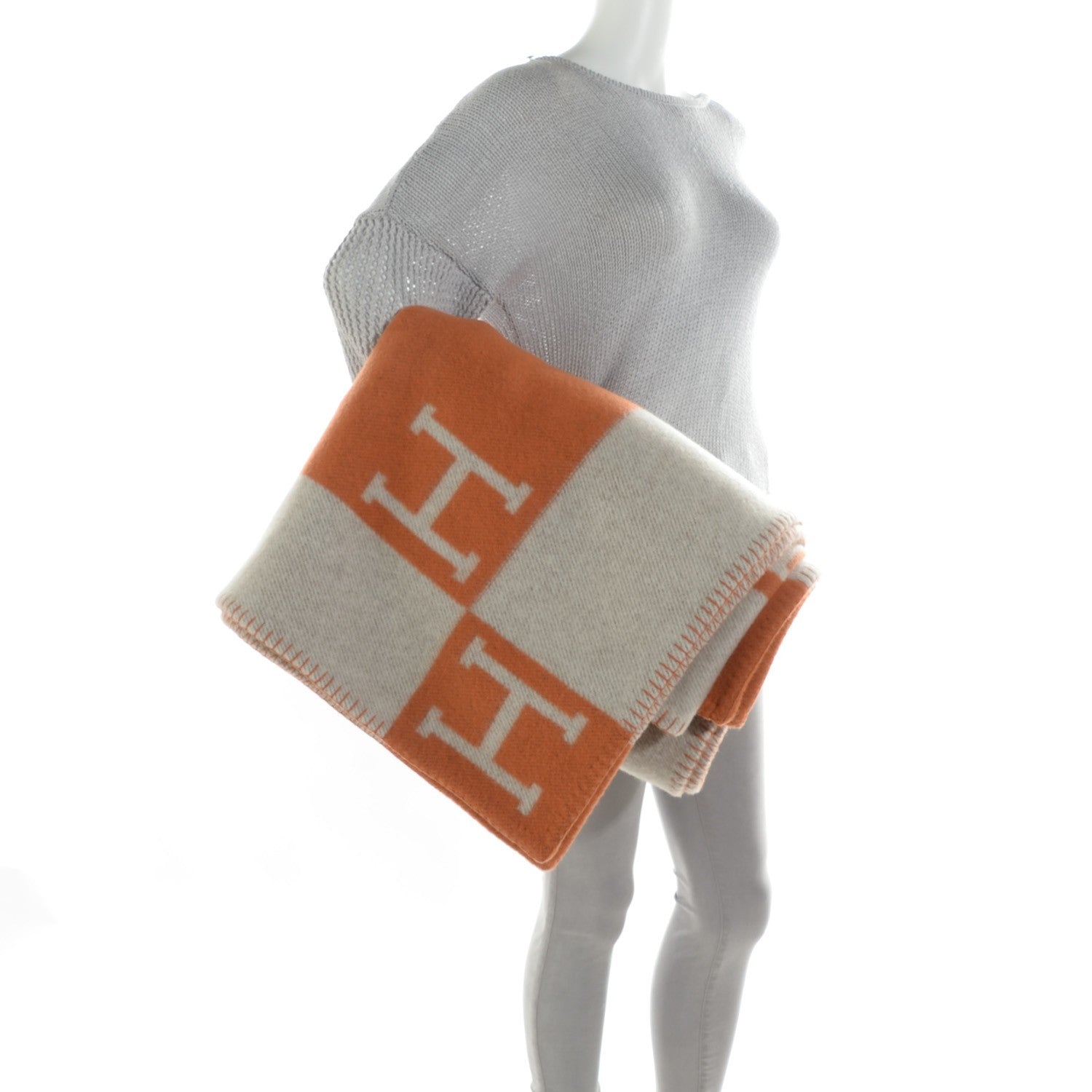 Hermes Wool Cashmere Signature Avalon Blanket Ecru Potiron 2 of 7