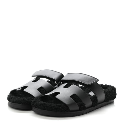Hermes Calfskin Woolskin Womens Chypre Sandals 37 Black 3 of 9