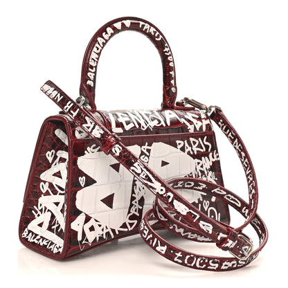Balenciaga Crocodile Embossed Calfskin Graffiti Hourglass Top Handle Bag XS Dark Red White 3 of 9