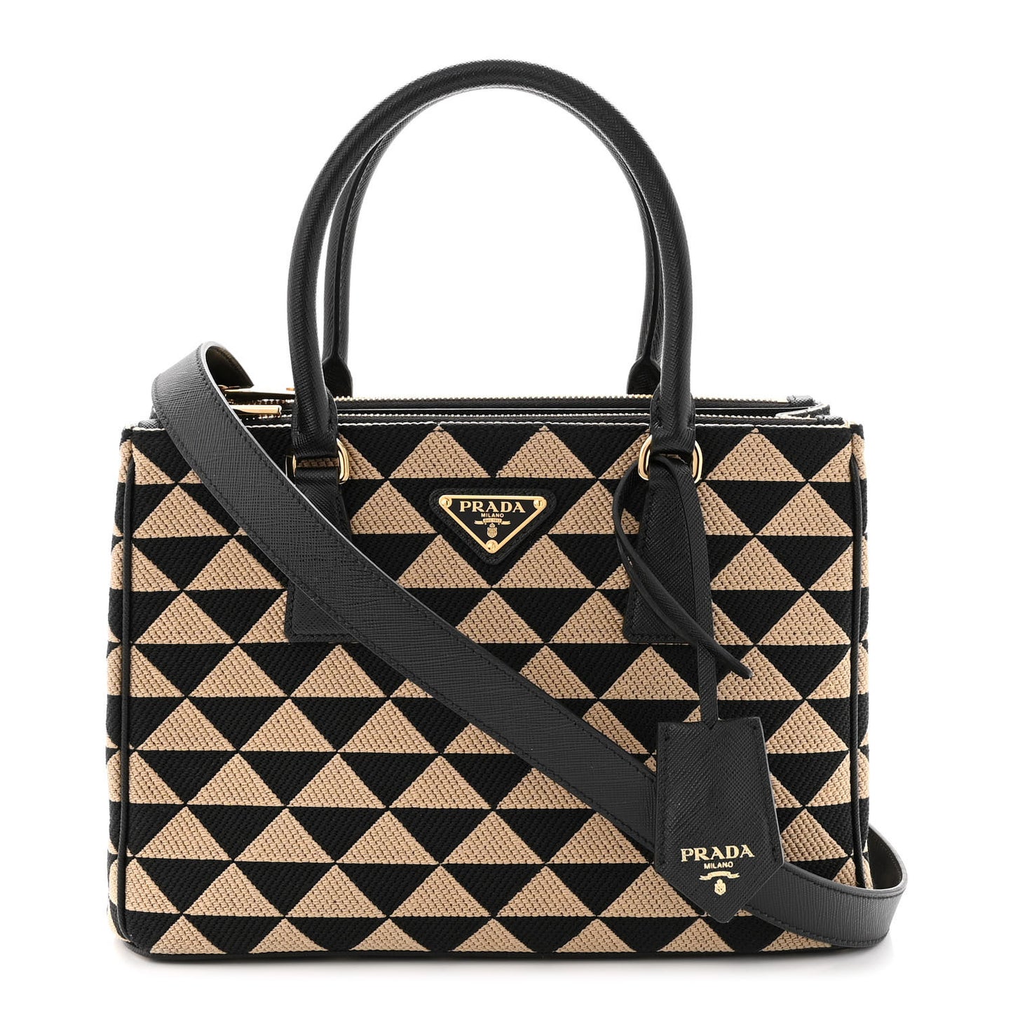 Jacquard Saffiano Triangolo Symbole Embroidered Small Galleria Double Zip Tote Black Corda