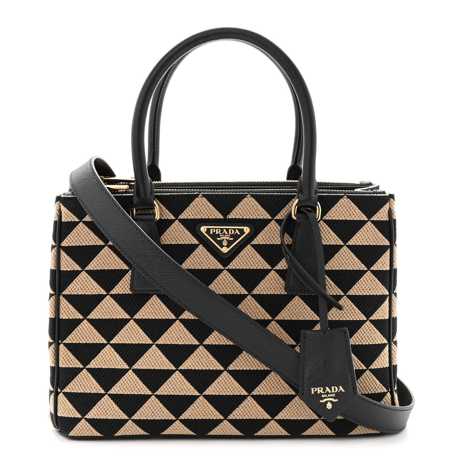 Prada Jacquard Saffiano Triangolo Symbole Embroidered Small Galleria Double Zip Tote Black Corda 1 of 10