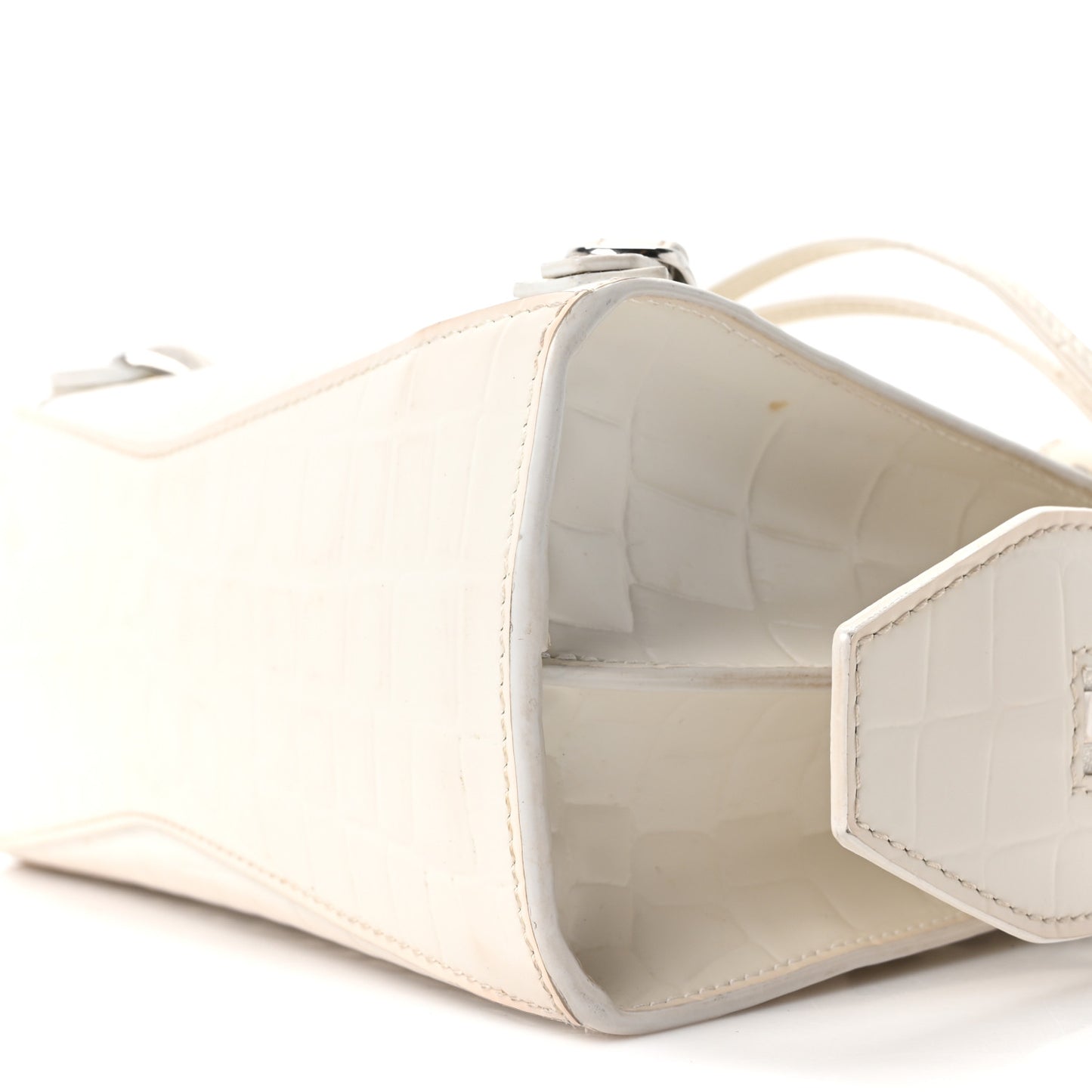 Semi Shiny Calfskin Crocodile Embossed Neo Classic Silver Hardware Nano City Crossbody White