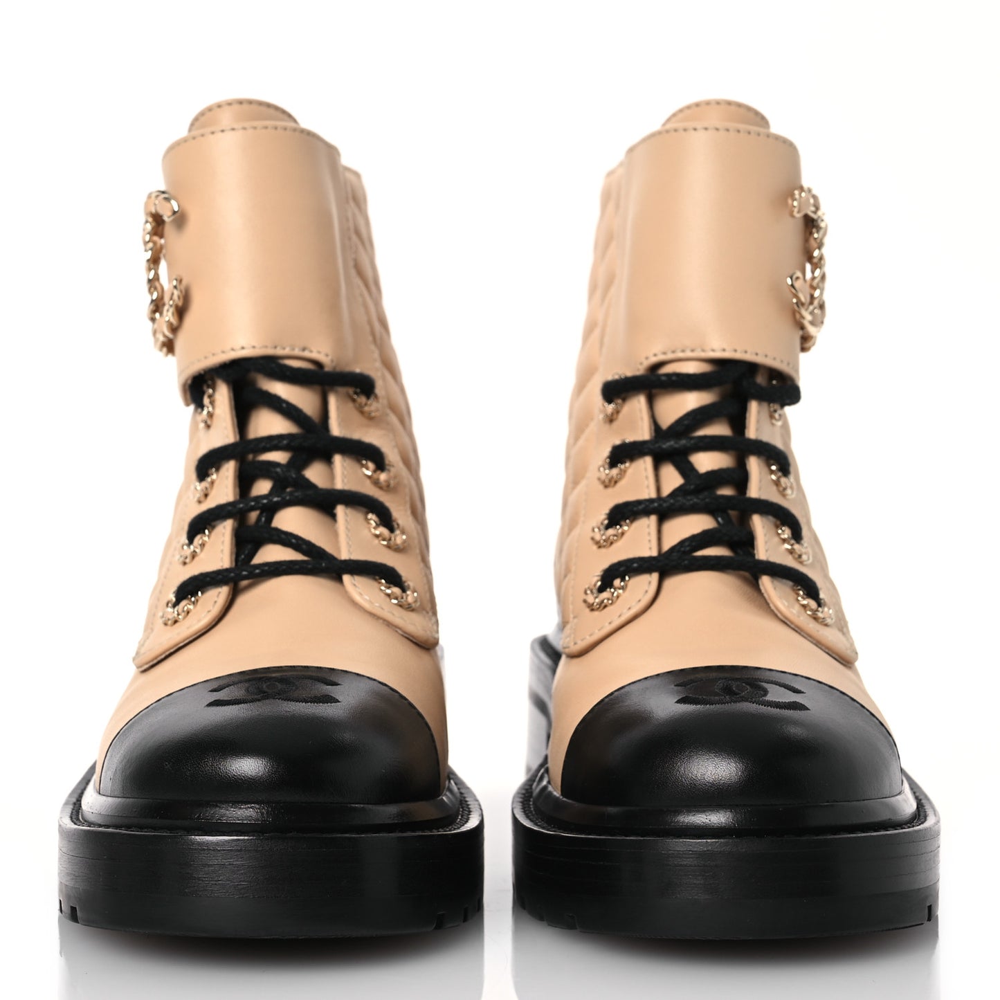 Lambskin Calfskin Quilted Lace Up Combat Boots 37 Beige Black