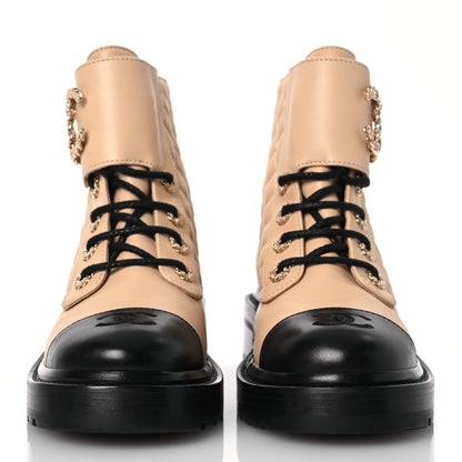 Chanel Lambskin Calfskin Quilted Lace Up Combat Boots 37 Beige Black 2 of 10
