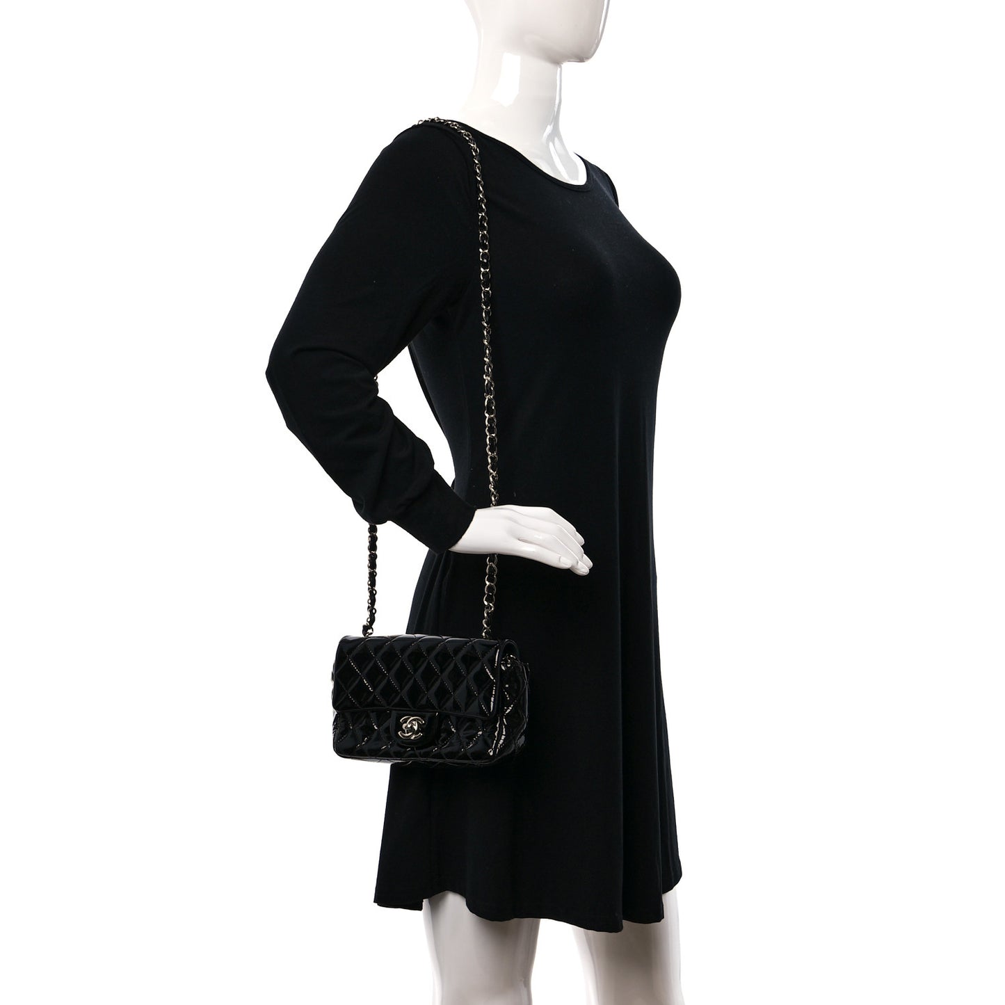 Patent Calfskin Quilted Mini Rectangular Flap Black