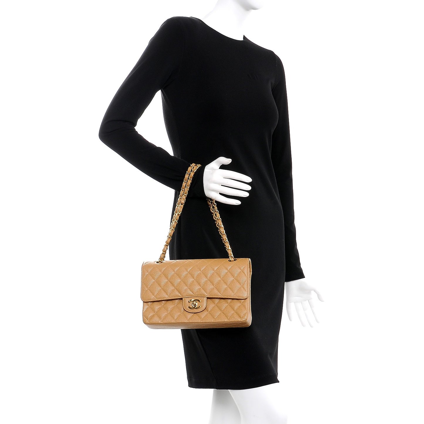 Caviar Quilted Medium Double Flap Beige