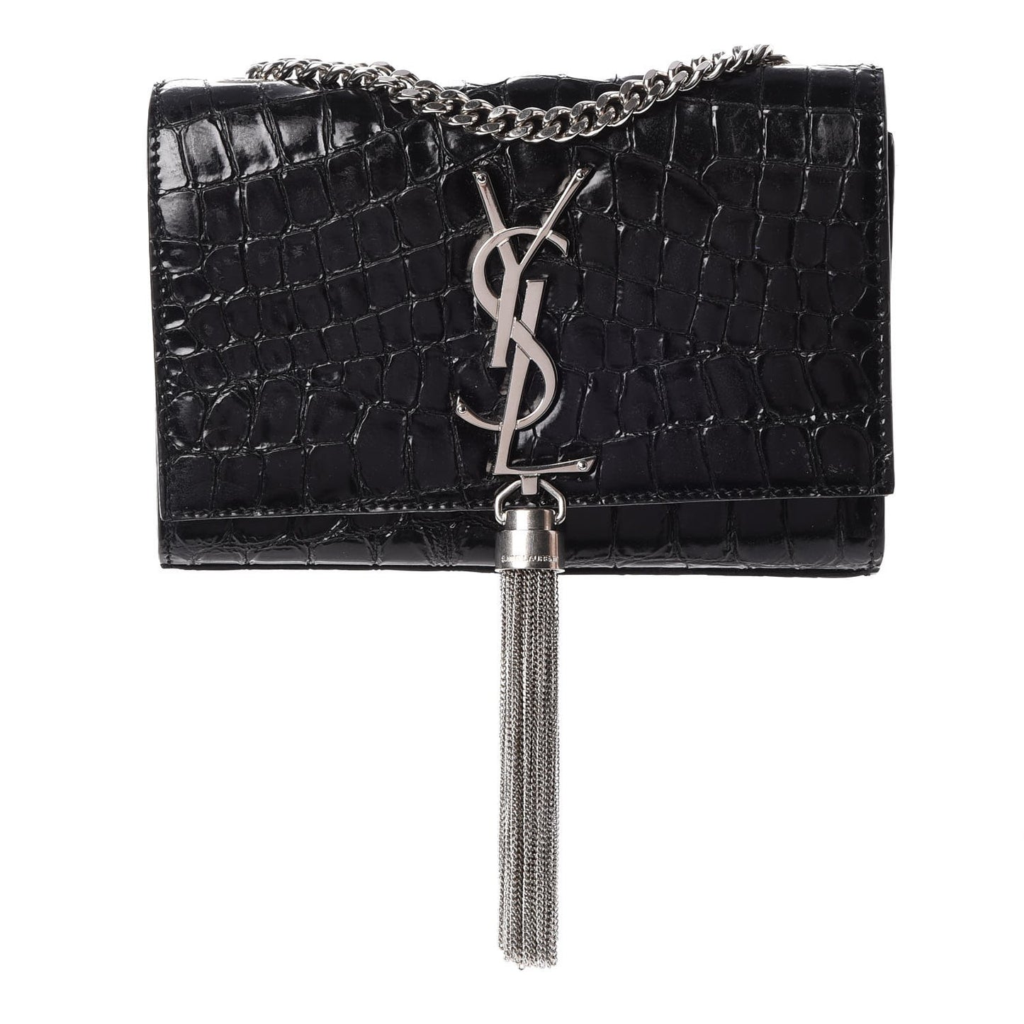 Croc Calfskin Embossed Small Classic Monogram Kate Tassel Satchel Black