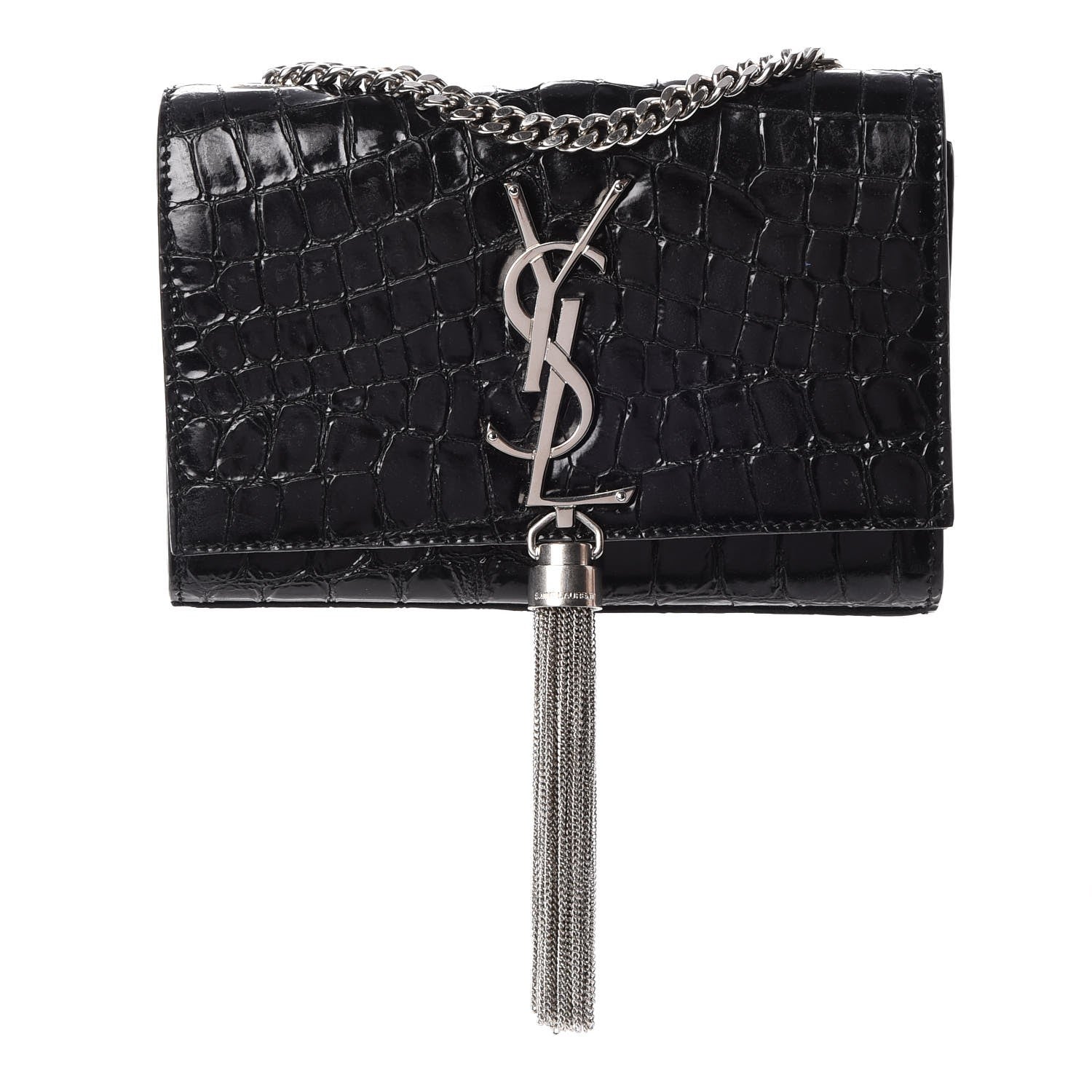 Saint Laurent Croc Calfskin Embossed Small Classic Monogram Kate Tassel Satchel Black 1 of 7