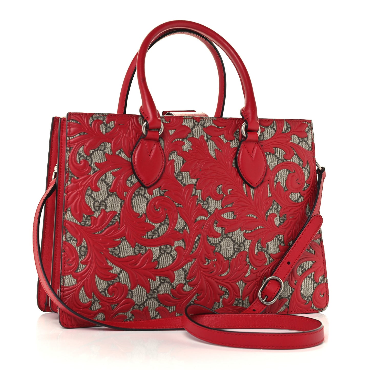 GG Supreme Monogram Arabesque Small Top Handle Bag Beige Hibiscus Red