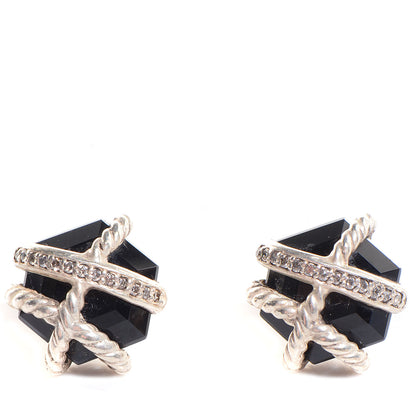 David Yurman Sterling Silver Diamond Black Onyx 11mm Cable Wrap Earrings 1 of 4