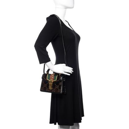 Gucci Velvet GG Monogram Web Mini Sylvie Top Handle Bag Brown Black Oro Vecchio 3 of 11