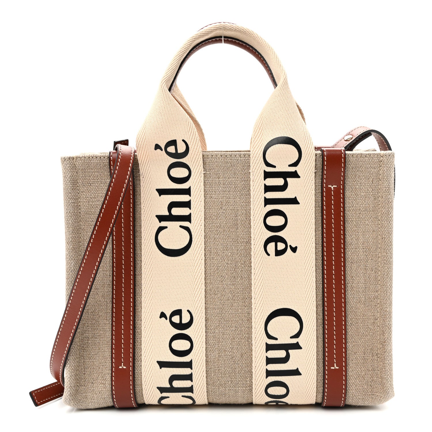 Chloe Cotton Calfskin Small Woody Ribbon Tote With Strap White Brown 1 of 11