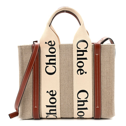 Chloe Cotton Calfskin Small Woody Ribbon Tote With Strap White Brown 1 of 11
