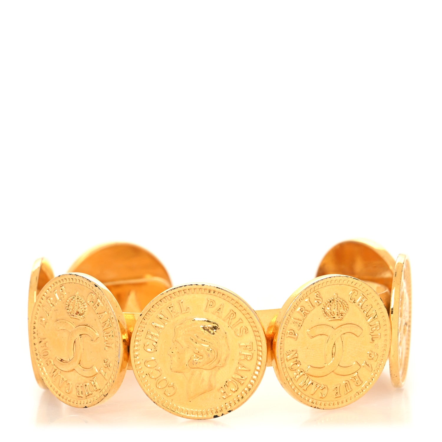 Chanel Metal Mademoiselle Coin Cuff Bracelet Gold 1 of 5