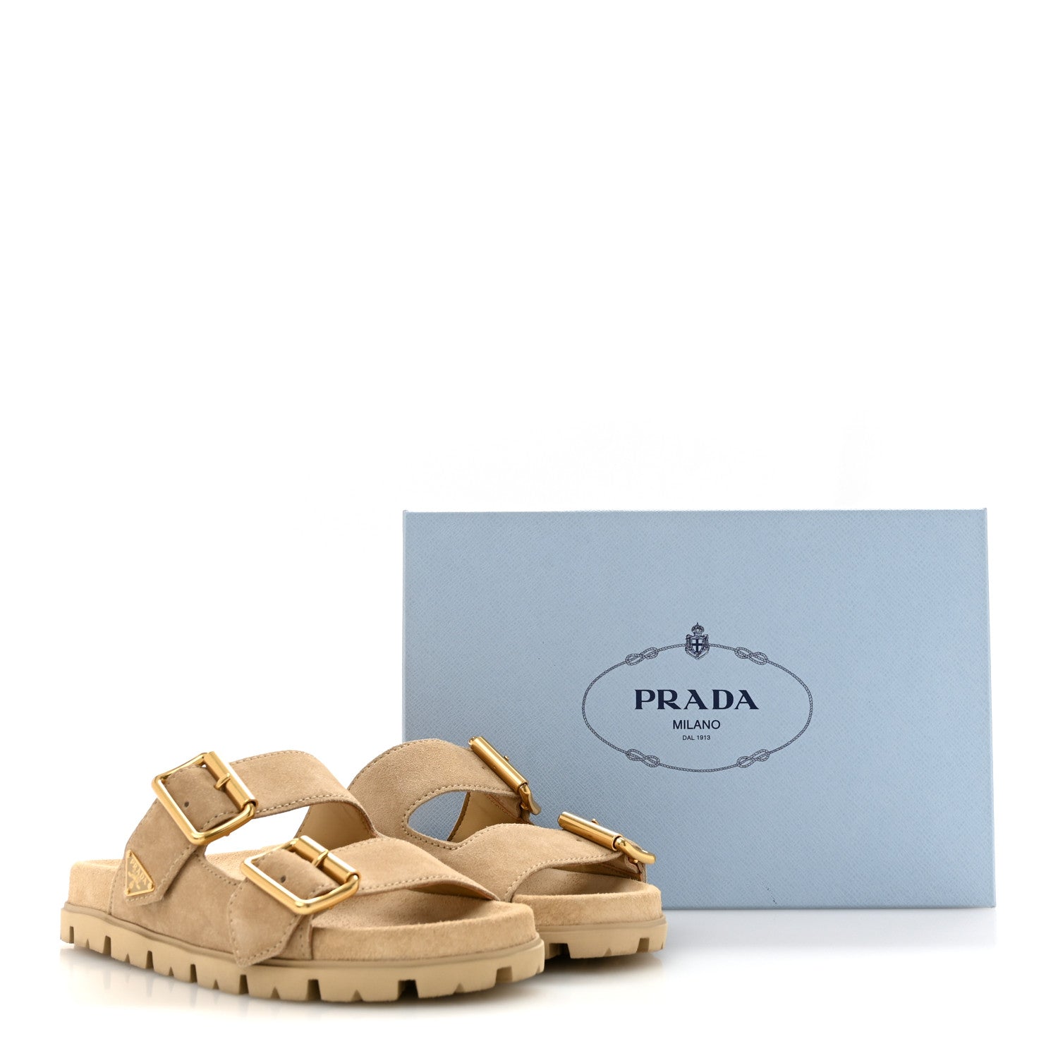 Prada Suede Metal Triangle Logo Womens Double Buckle 20mm Slide Sandals 36.5 Ecru 10 of 10