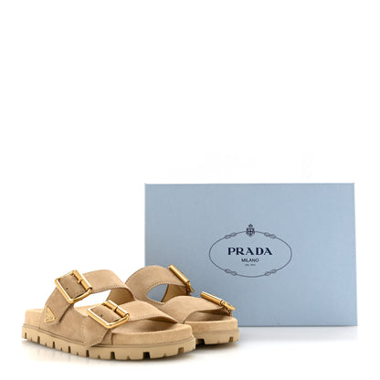 Prada Suede Metal Triangle Logo Womens Double Buckle 20mm Slide Sandals 36.5 Ecru 10 of 10
