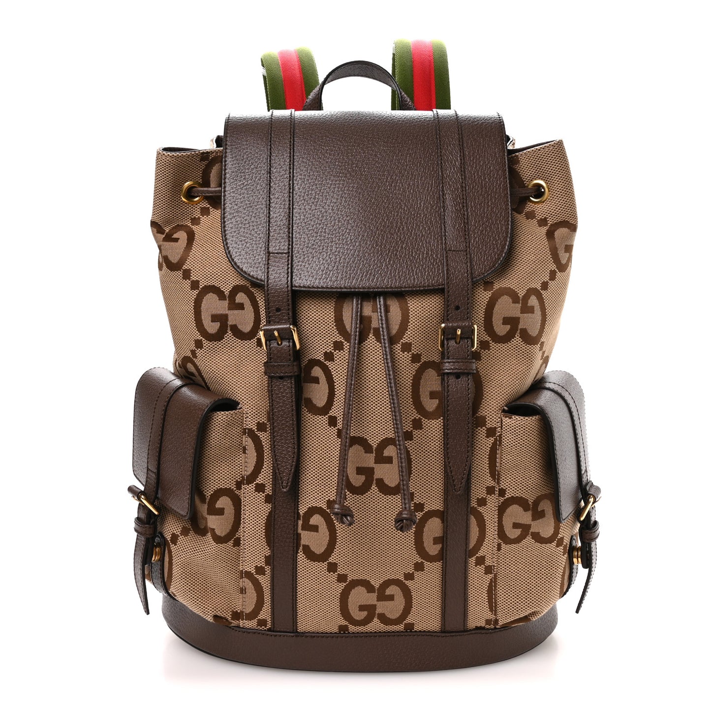 Monogram Jumbo GG Textured Dollar Calfskin Web Double Buckle Backpack Camel Ebony New Acero Camel Ebony New Acero