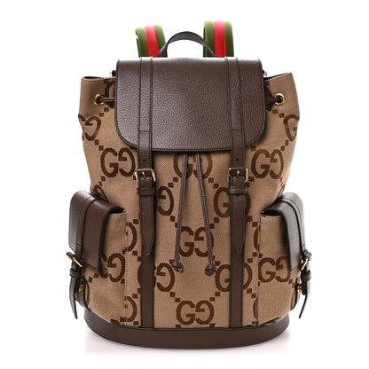 Gucci Monogram Jumbo GG Textured Dollar Calfskin Web Double Buckle Backpack Camel Ebony New Acero Camel Ebony New Acero 1 of 8