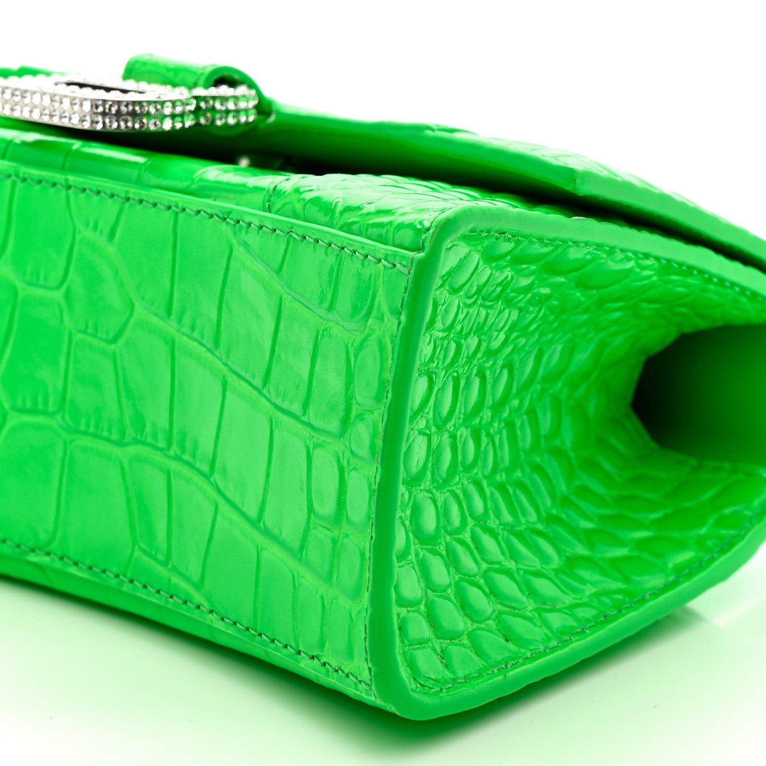 Balenciaga Shiny Calfskin Strass Crocodile Embossed Hourglass Top Handle Bag XS Fluo Green 10 of 13