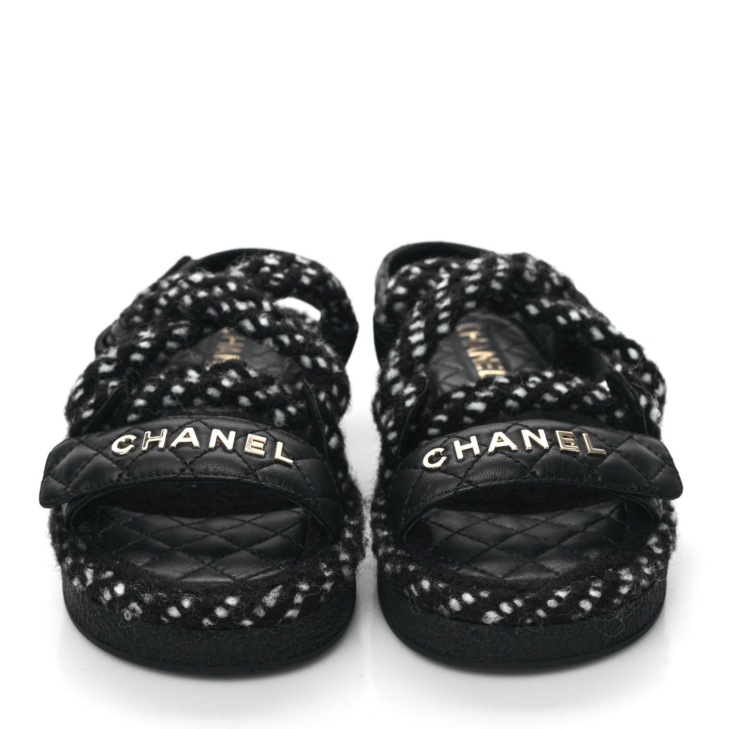 Chanel Cord Lambskin Quilted Logo Sandals 36 Black White 2 of 7