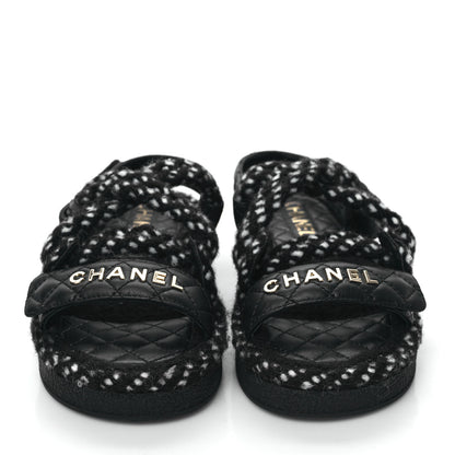 Chanel Cord Lambskin Quilted Logo Sandals 36 Black White 2 of 7