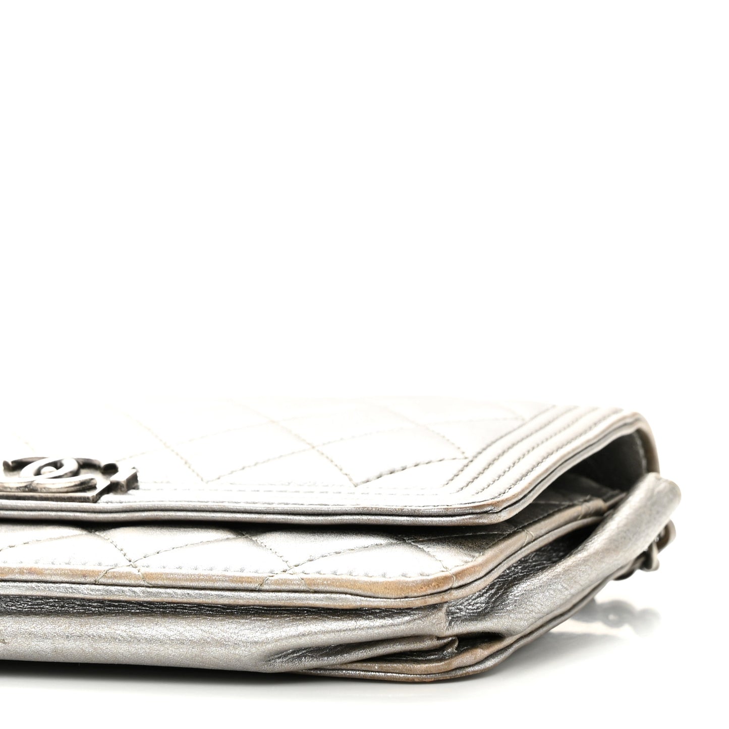Metallic Calfskin Quilted Boy Wallet On Chain WOC Silver