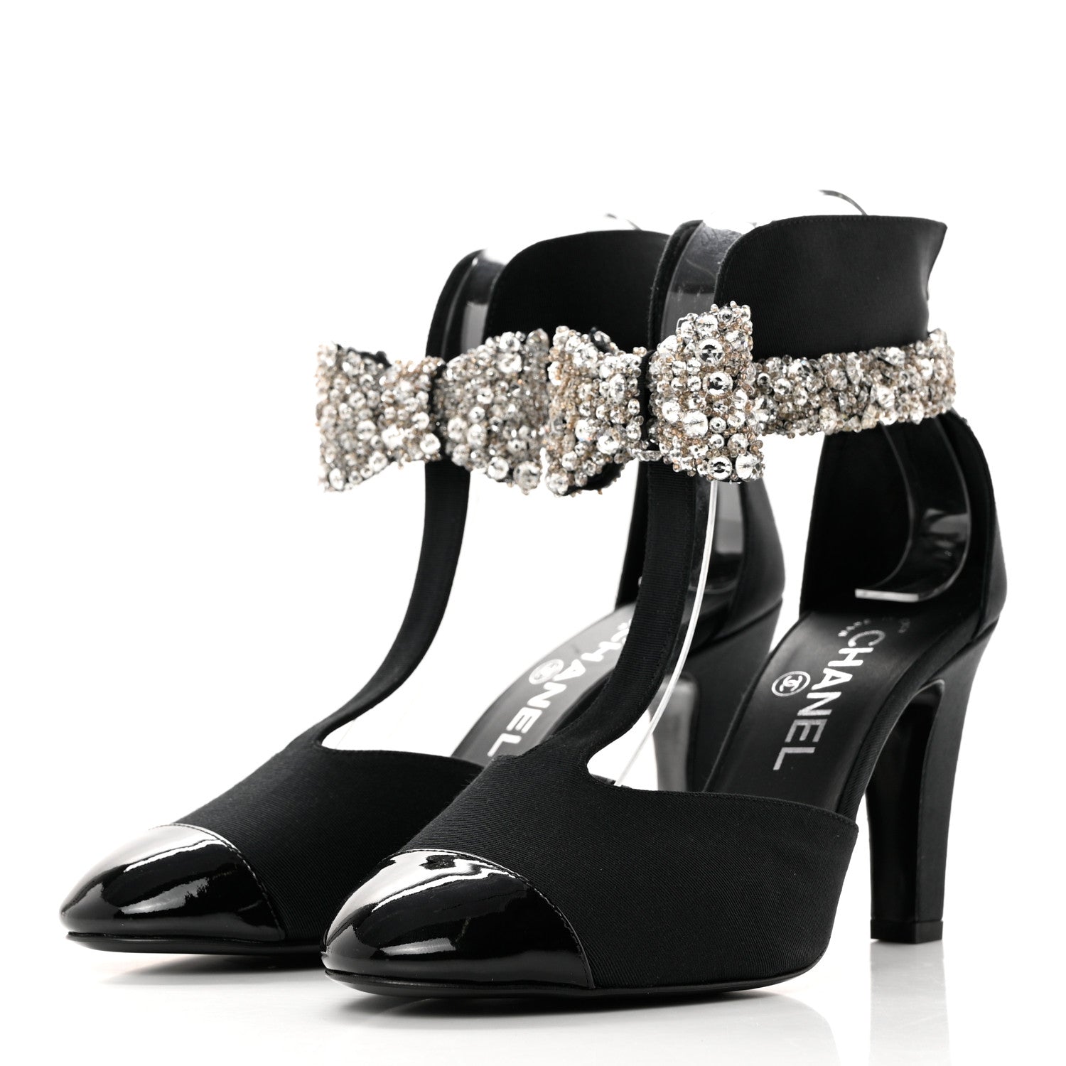 Chanel Grosgrain Patent Cap Toe Bow Crystal Pumps 37 Black 3 of 8