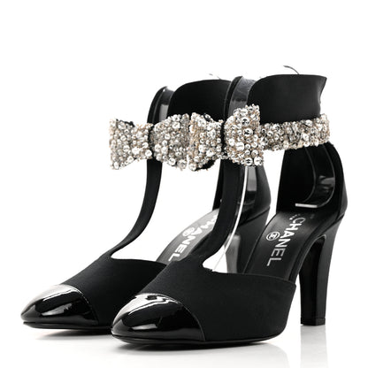 Chanel Grosgrain Patent Cap Toe Bow Crystal Pumps 37 Black 3 of 8
