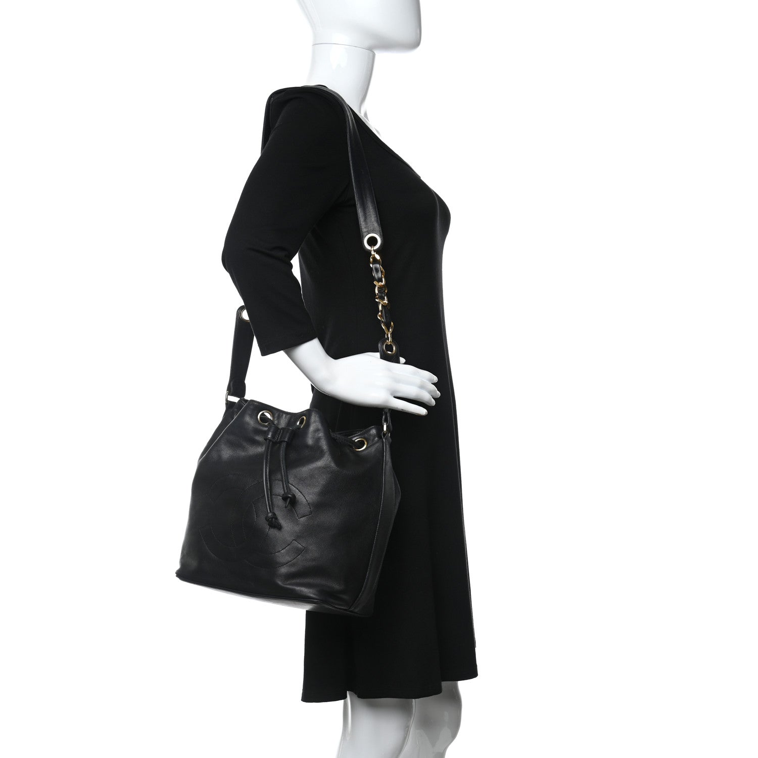 Chanel Lambskin CC Stitched Drawstring Bucket Bag Black 2 of 13