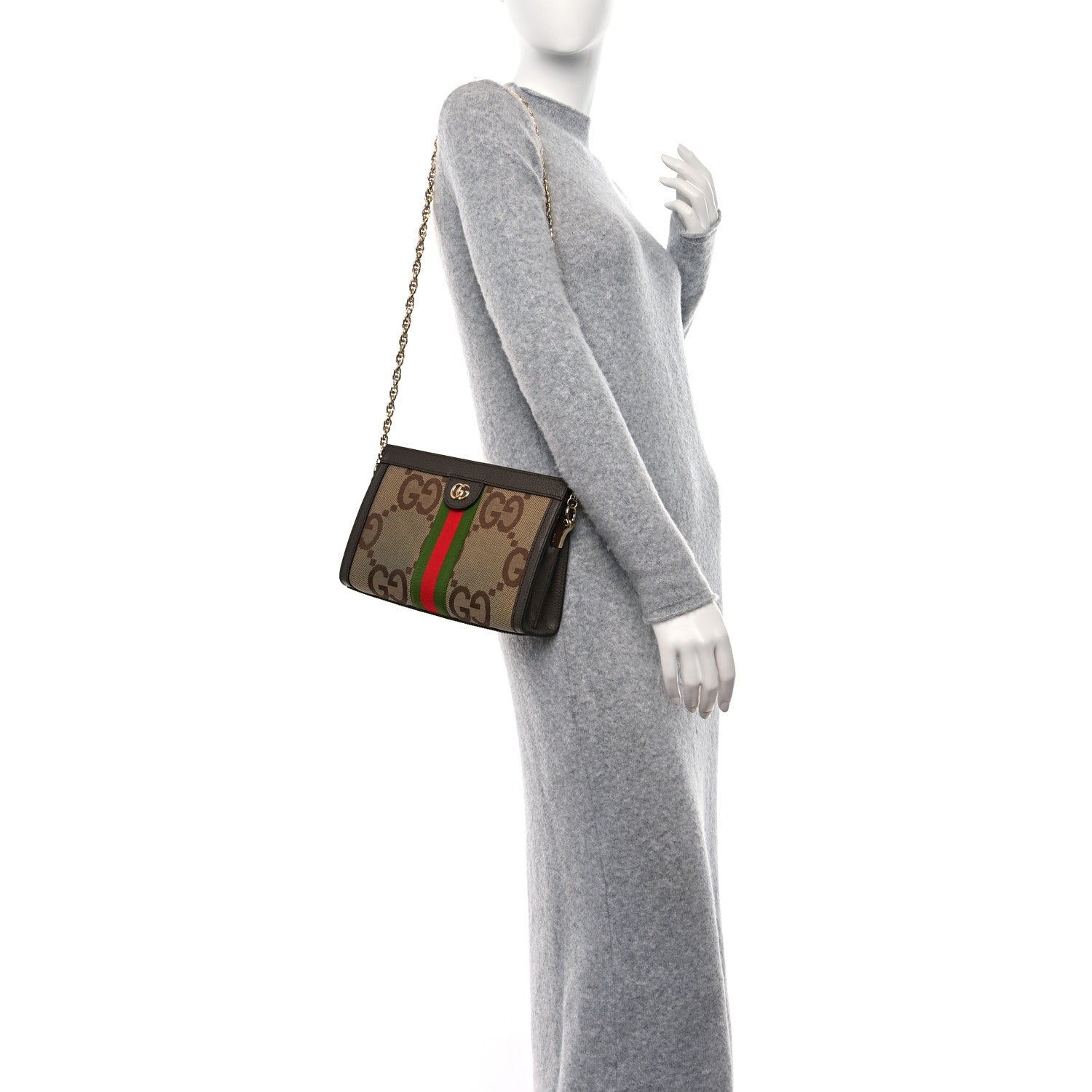 Gucci Monogram Jumbo GG Textured Dollar Calfskin Web Small Ophidia Chain Shoulder Bag Camel Ebony New Acero 2 of 8