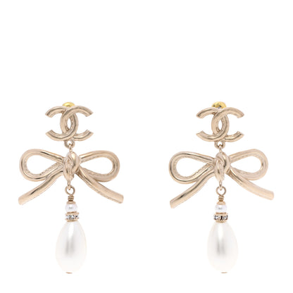 Chanel Pearl Bow CC Drop Earrings Gold 1 of 5