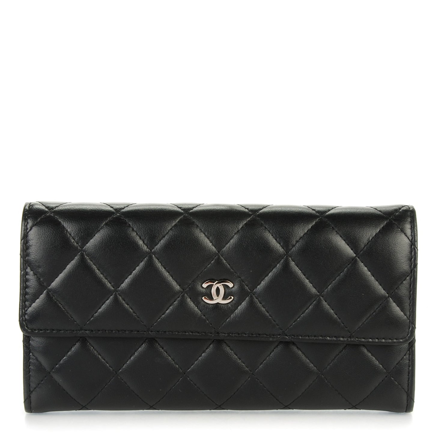 Lambskin Quilted Large Gusset Flap Wallet Black