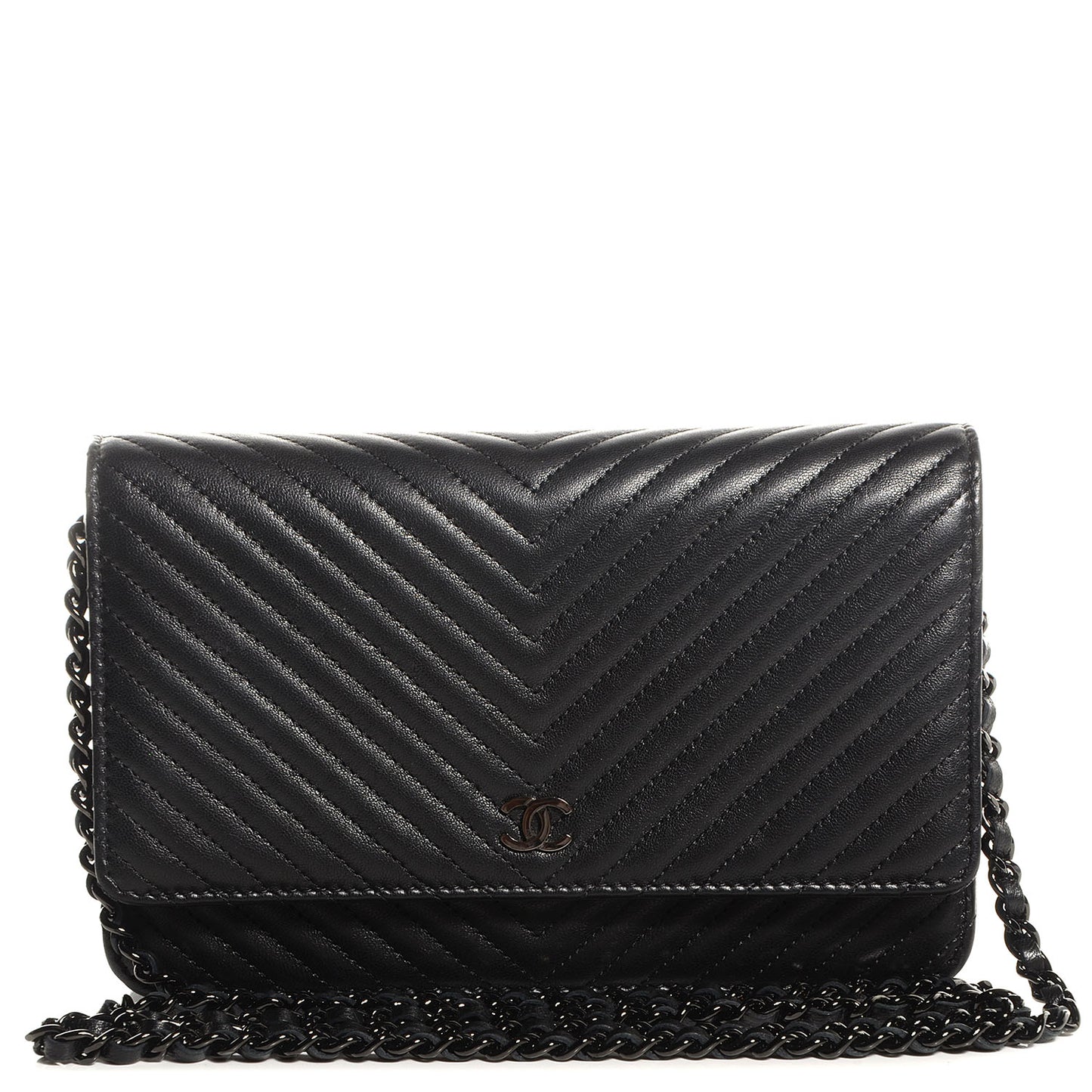 Metallic Calfskin Chevron Wallet On Chain WOC Black