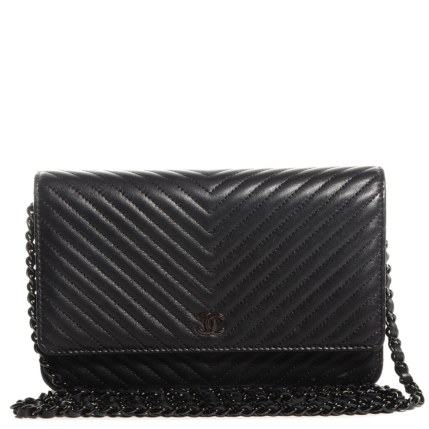 Chanel Metallic Calfskin Chevron Wallet On Chain WOC Black 1 of 9