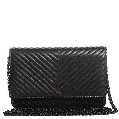 Chanel Metallic Calfskin Chevron Wallet On Chain WOC Black 1 of 9