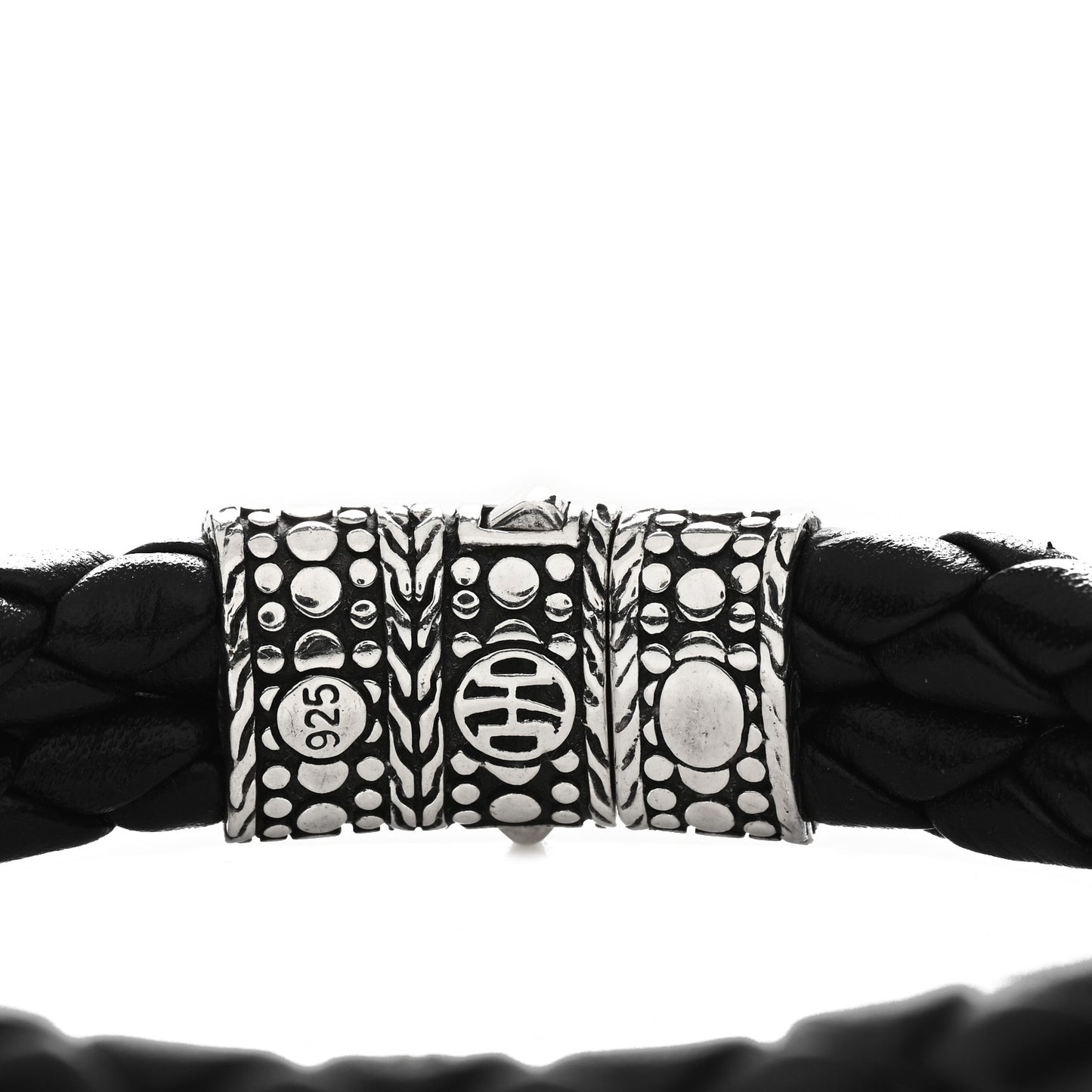 Sterling Silver Leather Two Row Braided Dot Bracelet Black