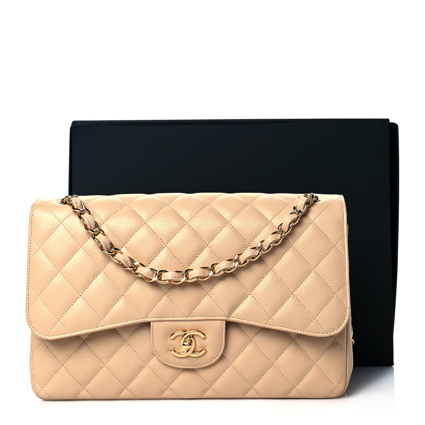 Caviar Quilted Jumbo Double Flap Beige Clair