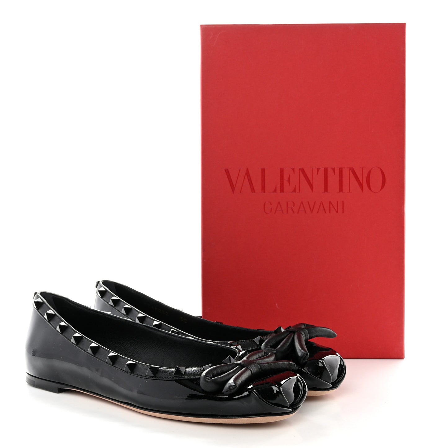 Patent Tonal Rockstud Bow Ballerina Flats 38 Black