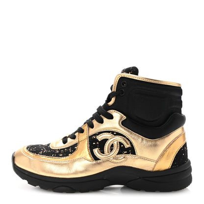 Chanel Satin Lambskin Fabric Tweed CC High Top Sneakers 37.5  Black Gold 1 of 9