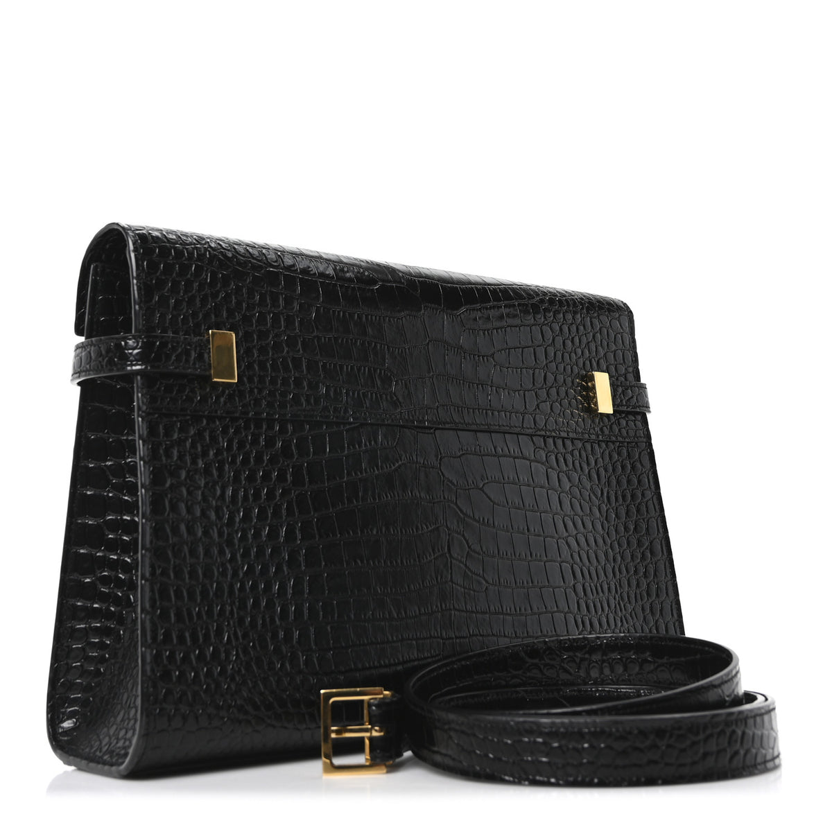 Saint Laurent Shiny Calfskin Crocodile Embossed Manhattan Baguette Black 3 of 10