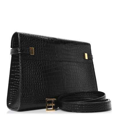 Saint Laurent Shiny Calfskin Crocodile Embossed Manhattan Baguette Black 3 of 10